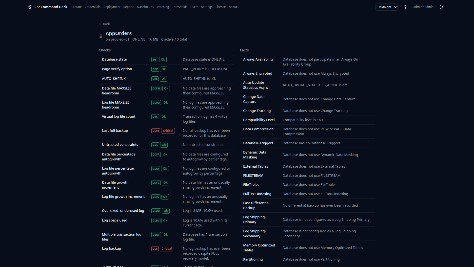 Database Health page for one SQL Server database showing a long list of severity-based checks on the left and a feature-inventory Facts table on the right