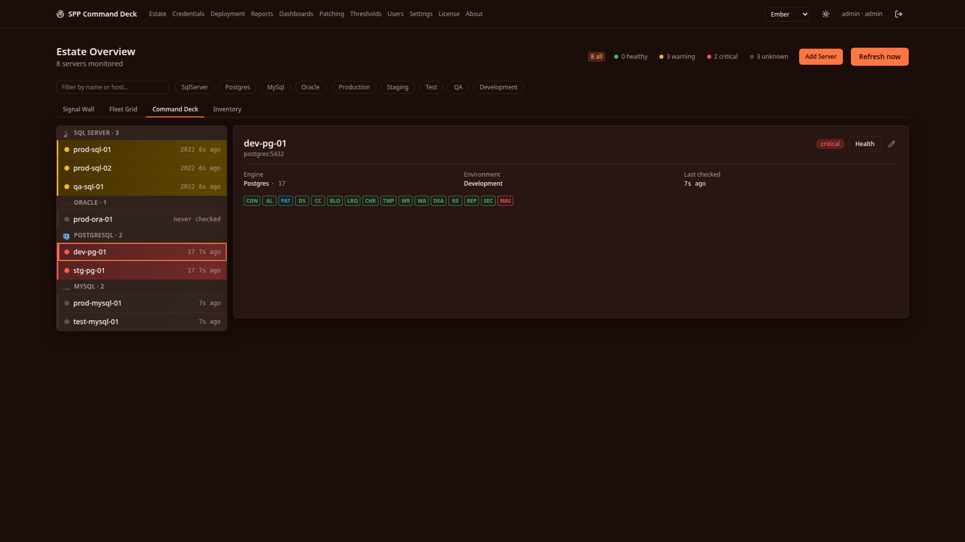 Estate Overview in Command Deck mode, showing servers grouped by engine with a detail panel, in the Ember dark theme