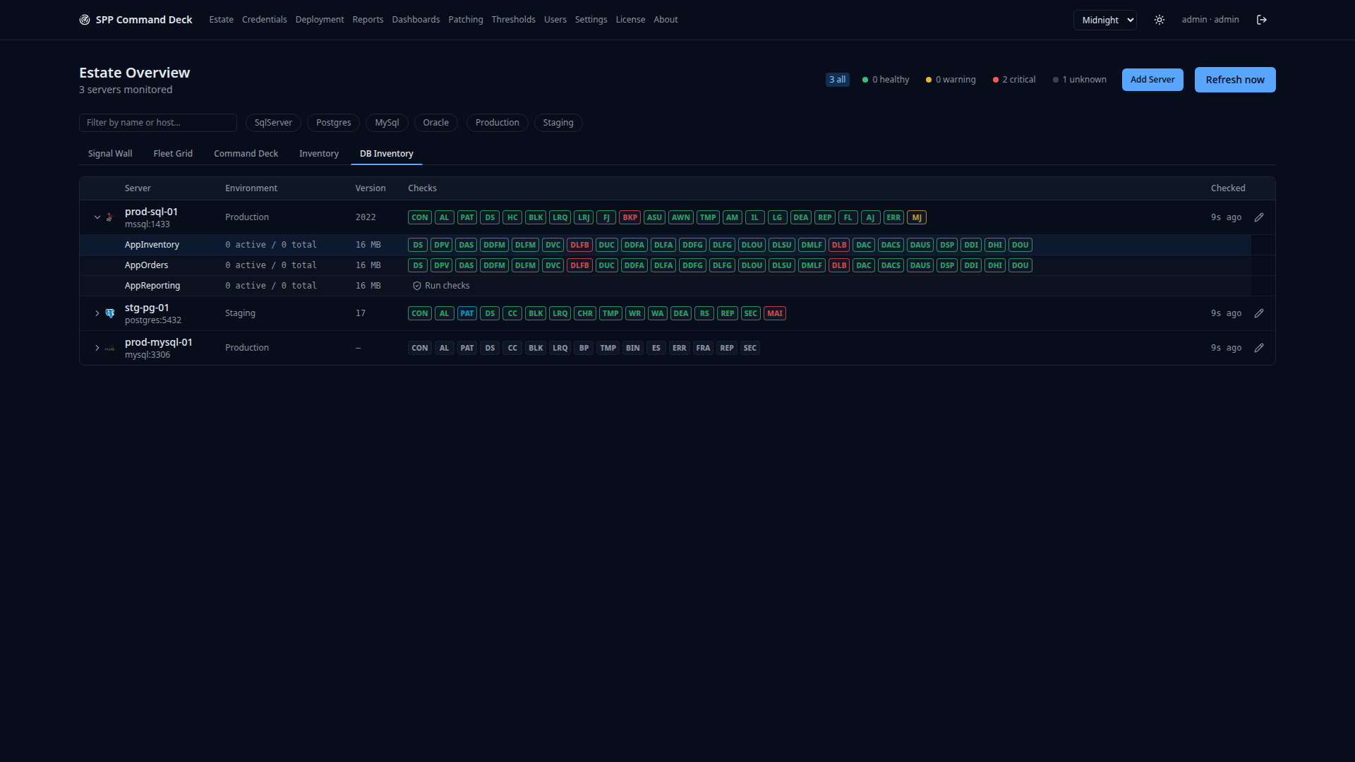 DB Inventory view with a SQL Server expanded to show three databases — two with severity check results already run, one still showing the pending Run checks button