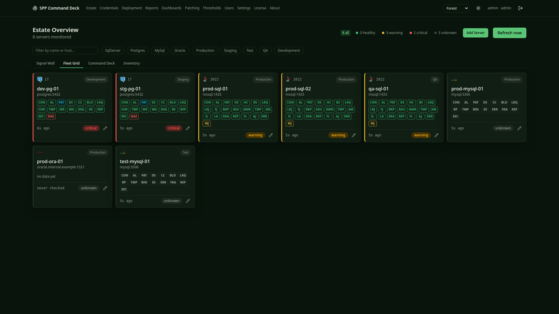 Estate Overview in Fleet Grid mode, showing each server as a card with its individual health checks, in the Forest dark theme