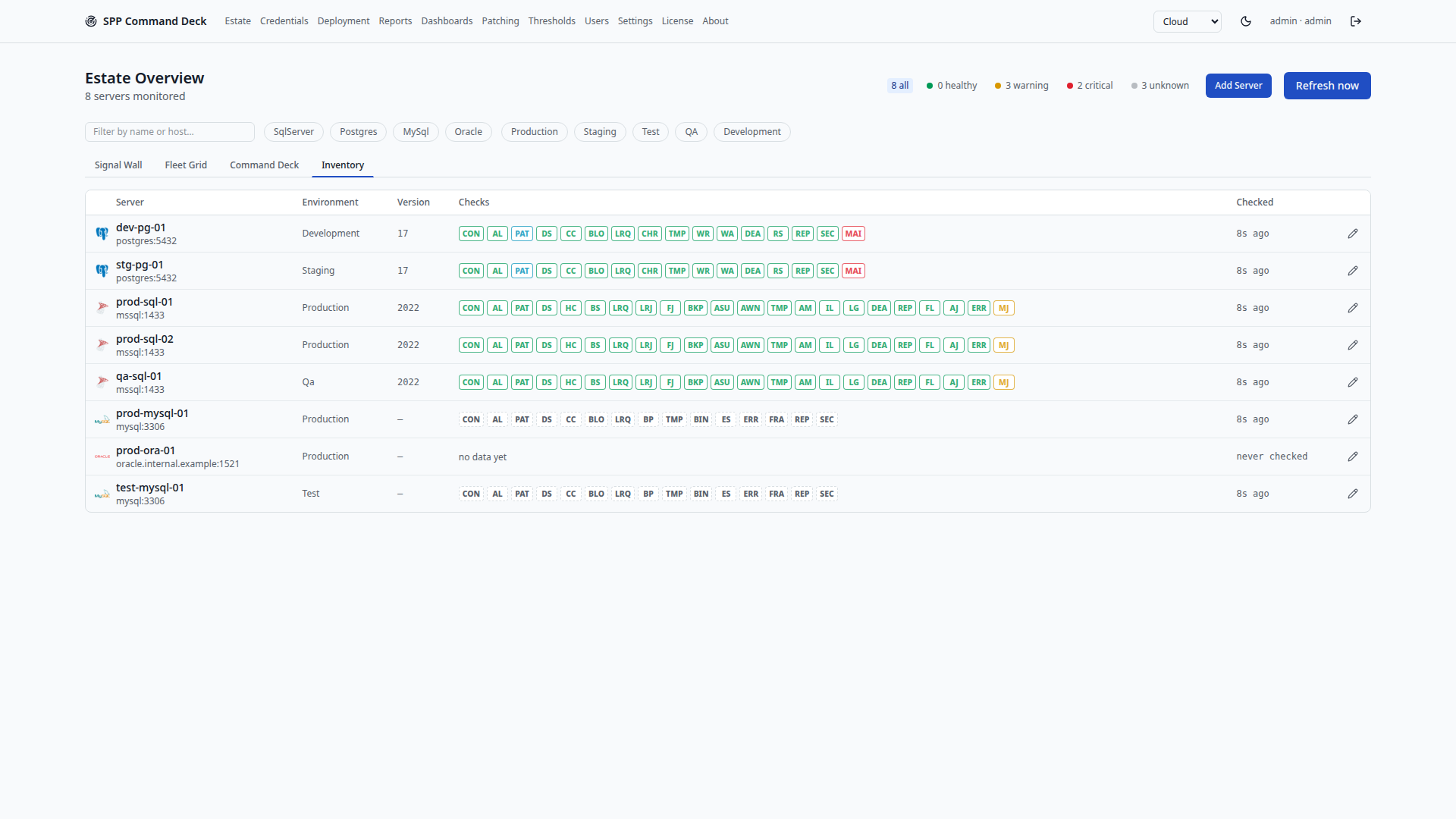 Estate Overview in Inventory mode, showing every server as a sortable table row, in the Cloud light theme