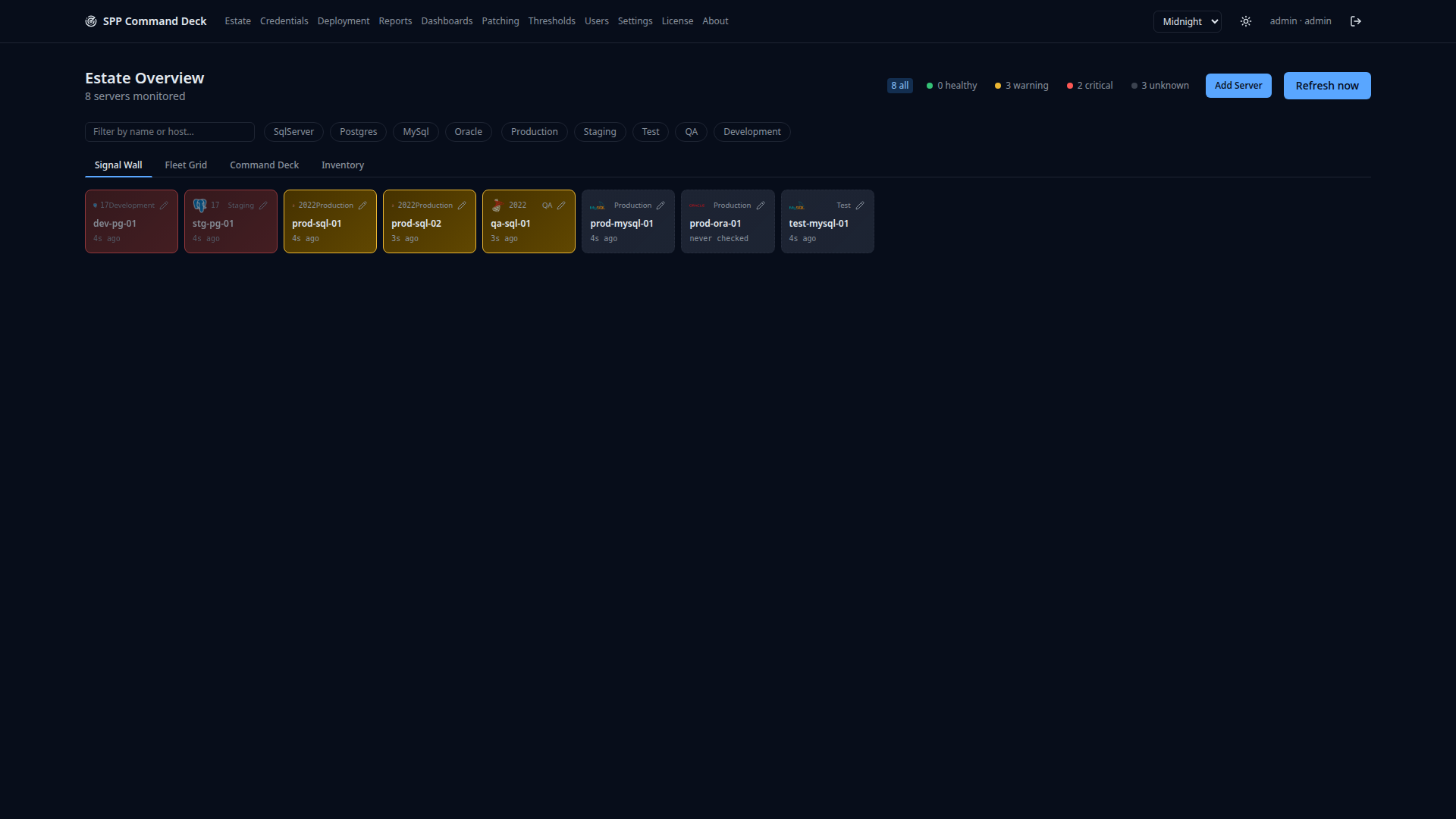 Estate Overview in Signal Wall mode, showing the fleet as a dense wall of color-coded status tiles, in the Midnight dark theme
