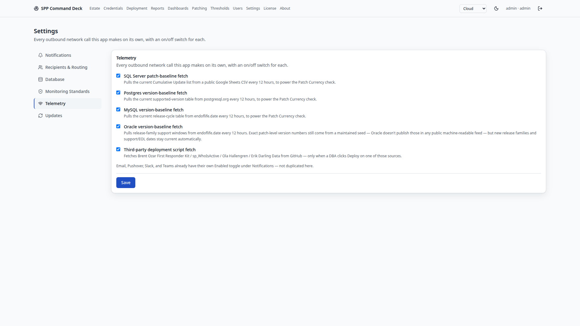 Settings page, Telemetry section, listing each outbound network call with an individual enabled checkbox