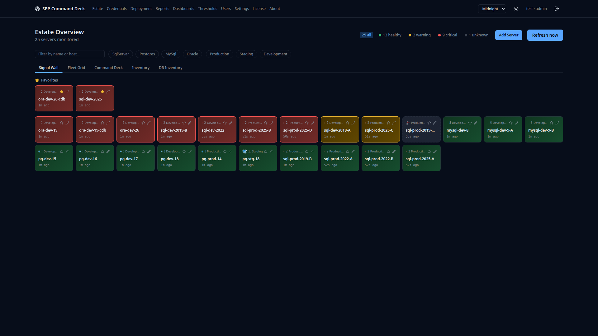 Estate Overview Signal Wall showing 25 monitored servers colored by severity